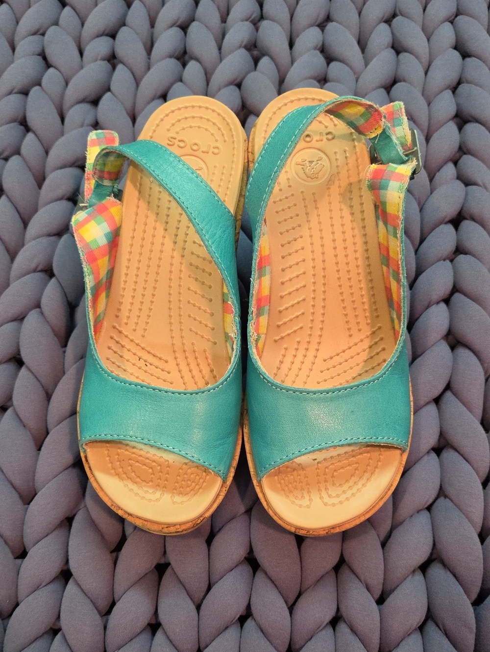 CROCS Teal Open-Toe Sandals with Multicolor Plaid Strap